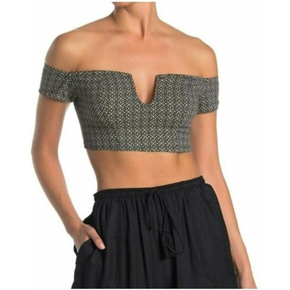 Free People Lucky Now Brami Crop Top XS Off Shoulder Black Combo NWT B92 - Picture 1 of 7